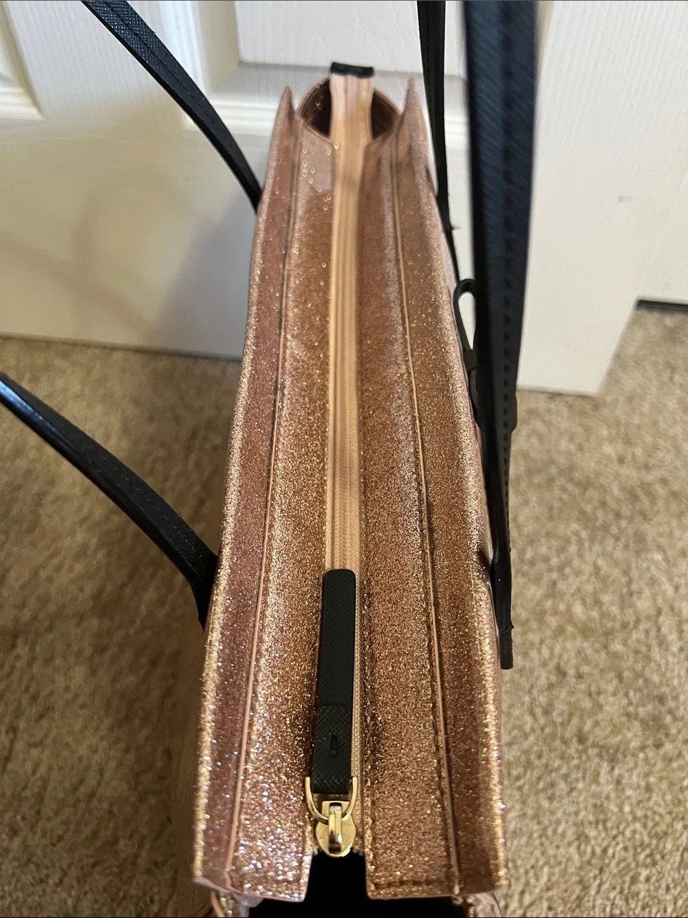 Kate Spade Rose Gold Glitter Tote with Black Bow and Black Handles